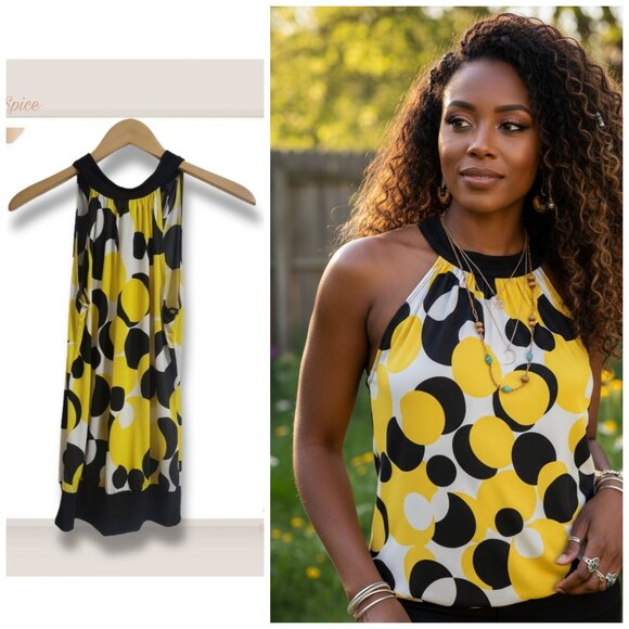 Sugar Spice Tops - 🌿Sugar Spice Woman's Halter Black & Yellow Blouse Size Large